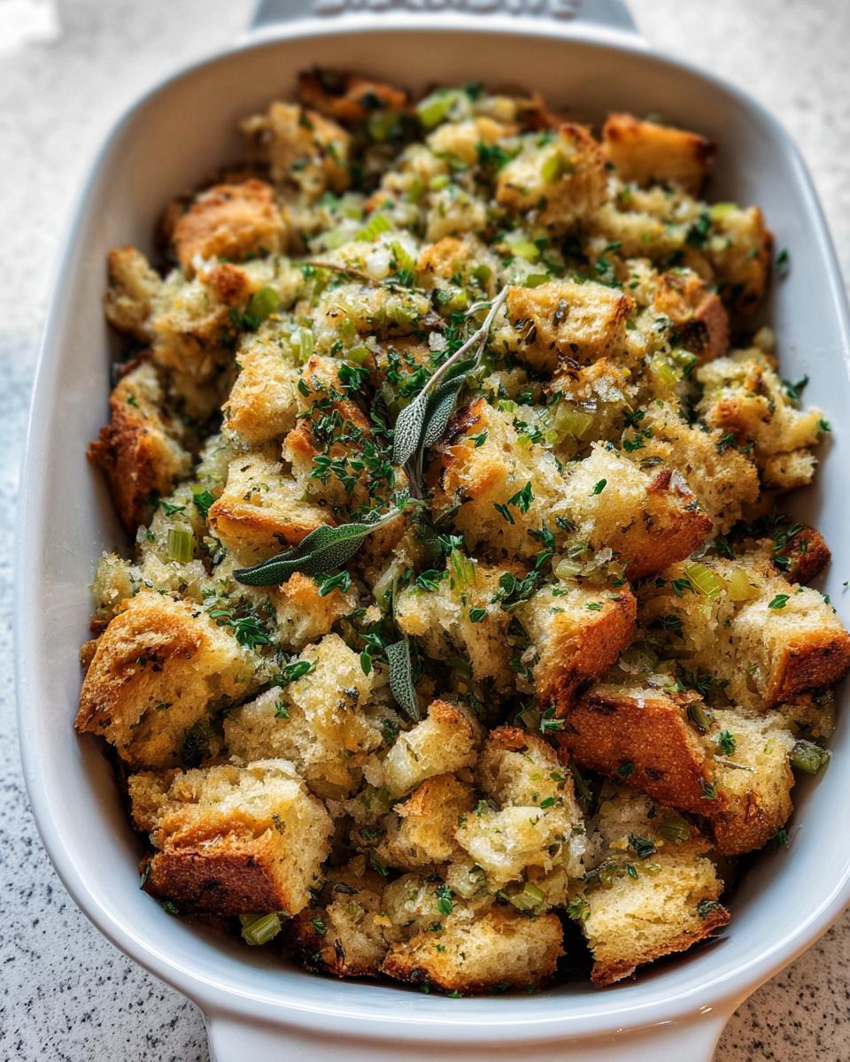 Close-up of savory bread stuffing with celery and herbs in a white baking dish, perfect for stuffing recipes meal prep.