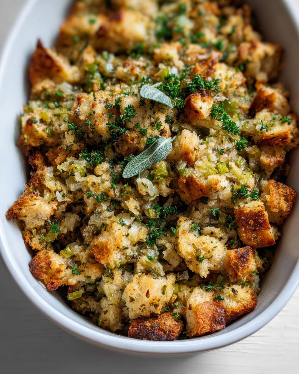 Close-up of savory bread stuffing with celery and herbs, perfect for Stuffing Recipes Meal Prep.