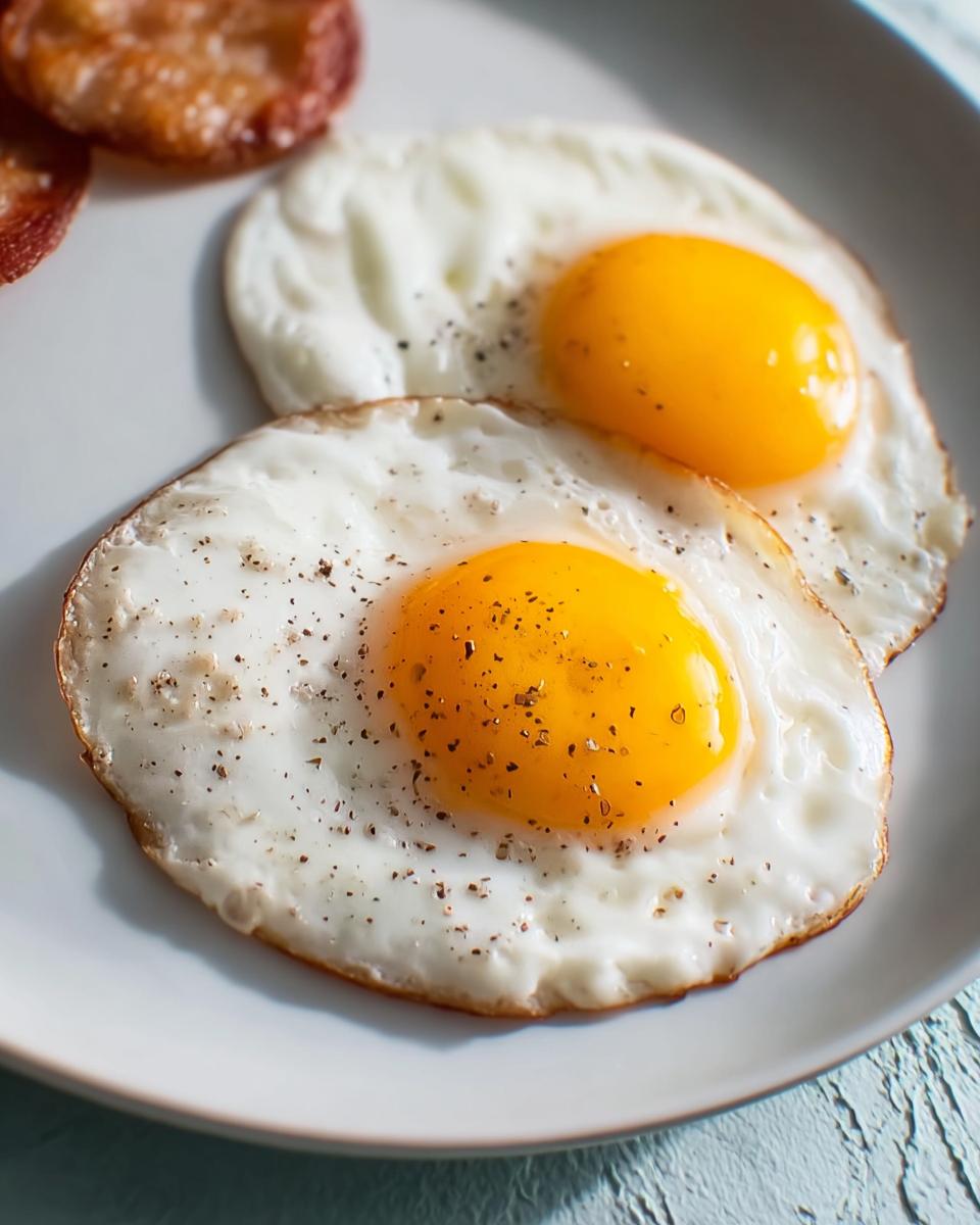 Two perfectly cooked sunny-side up egg recipes, seasoned with cracked black pepper, served on a white plate.