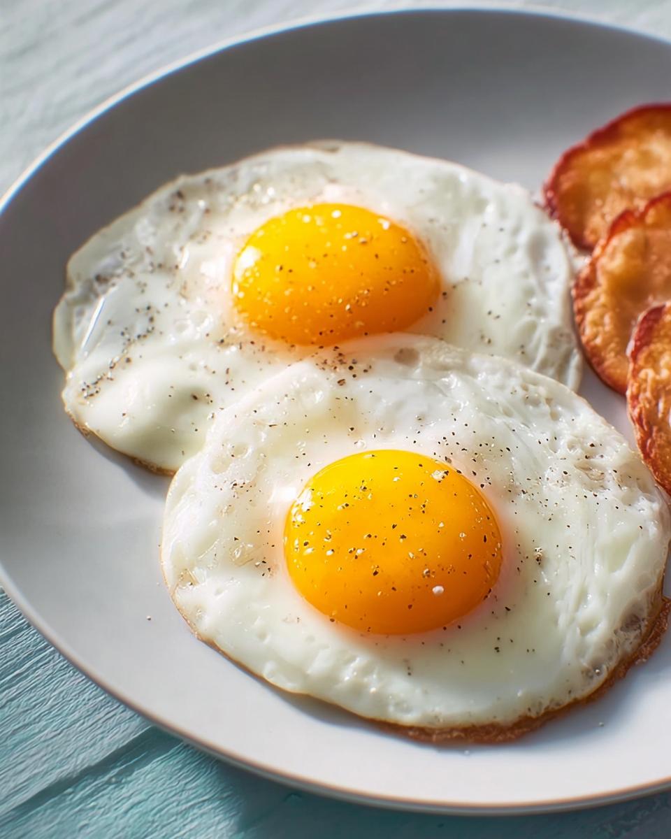 Two perfectly cooked sunny-side up eggs seasoned with black pepper, served on a white plate.