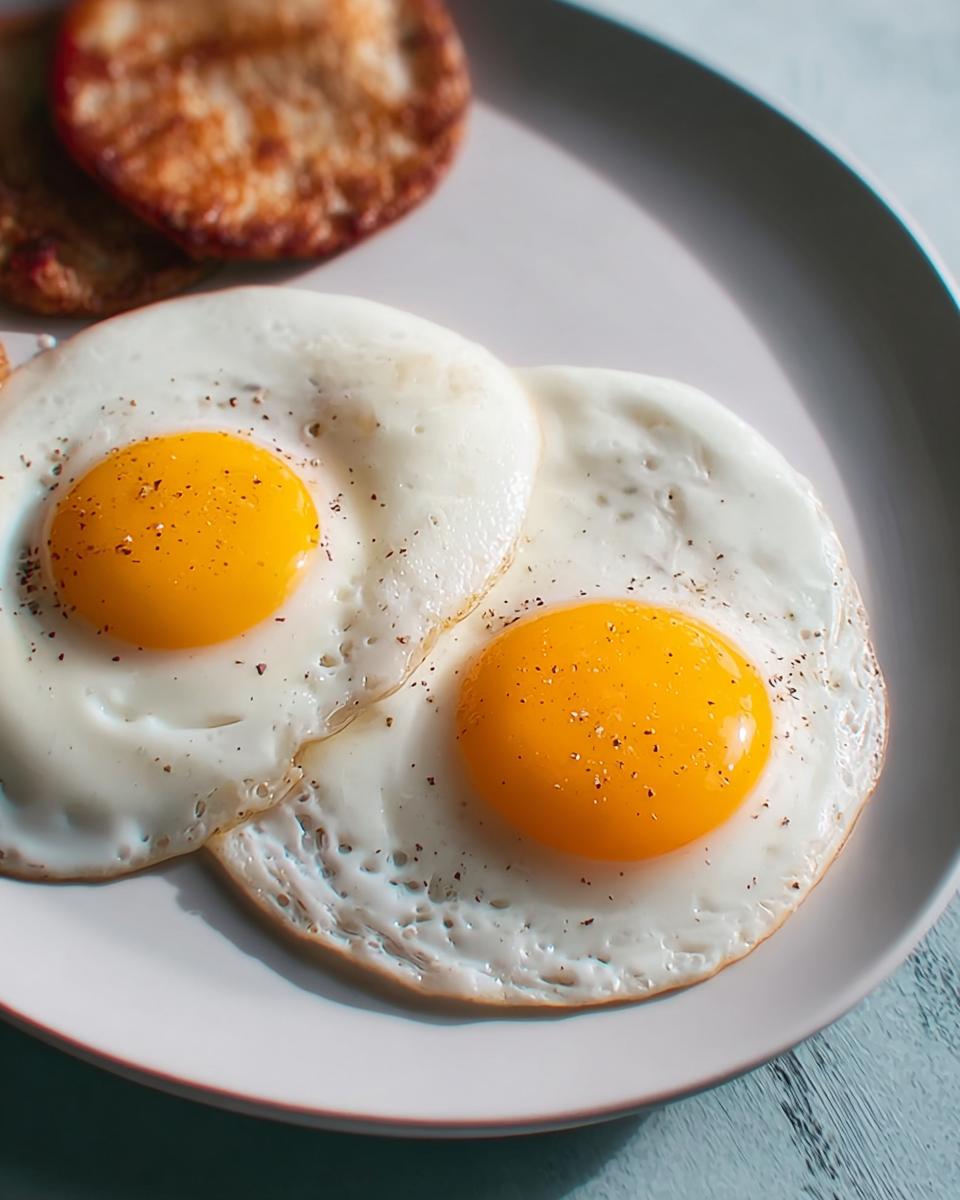 Two perfectly cooked sunny side up eggs, seasoned with pepper, served on a plate alongside hash browns.