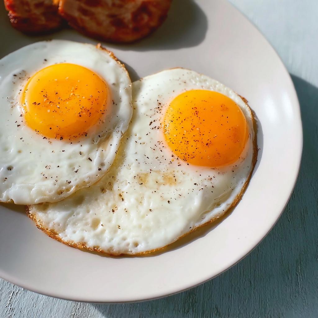 Two perfectly cooked sunny-side up eggs seasoned with black pepper, a great example of simple egg recipes.