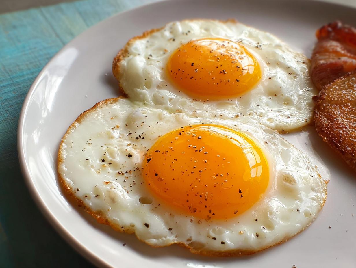 Two sunny side up fried eggs, seasoned with black pepper, served on a white plate. These are great egg recipes.