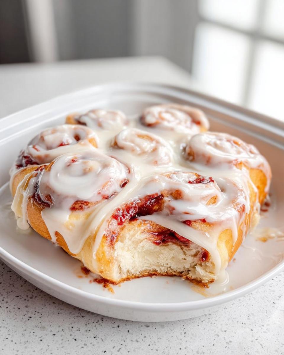 Close-up of sweet, gooey cinnamon rolls covered in white icing, perfect for breakfast ideas recipes.