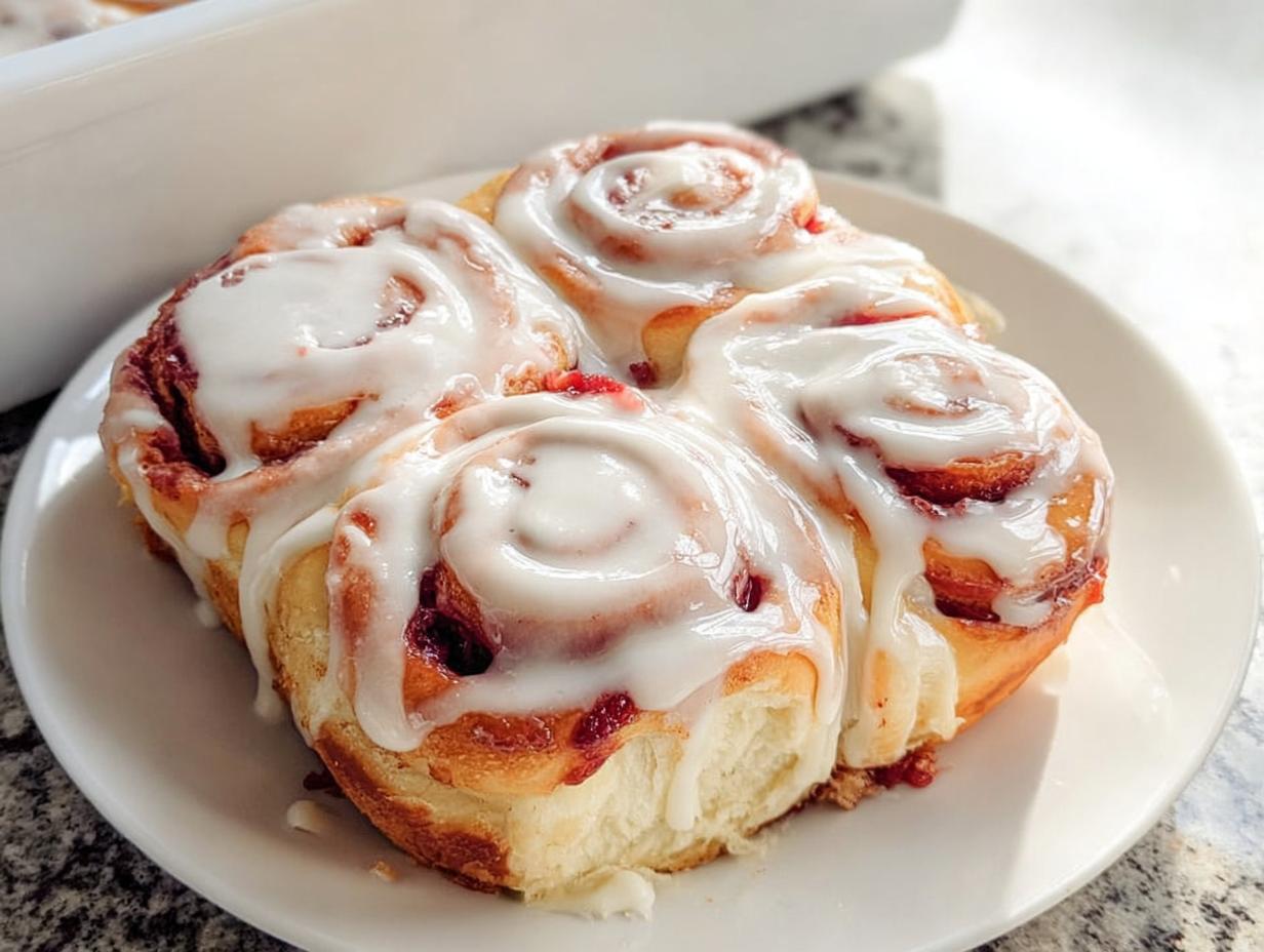 Four sweet cinnamon rolls generously topped with white icing, perfect for breakfast ideas recipes.