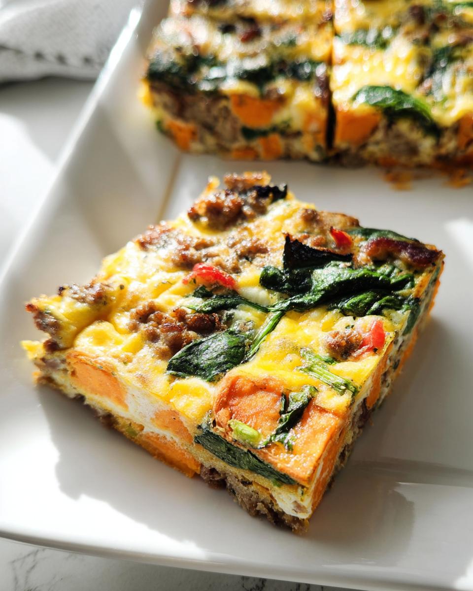 A square slice of baked egg casserole with sweet potato, sausage, and spinach, perfect for Breakfast Ideas Recipes Meal Prep.