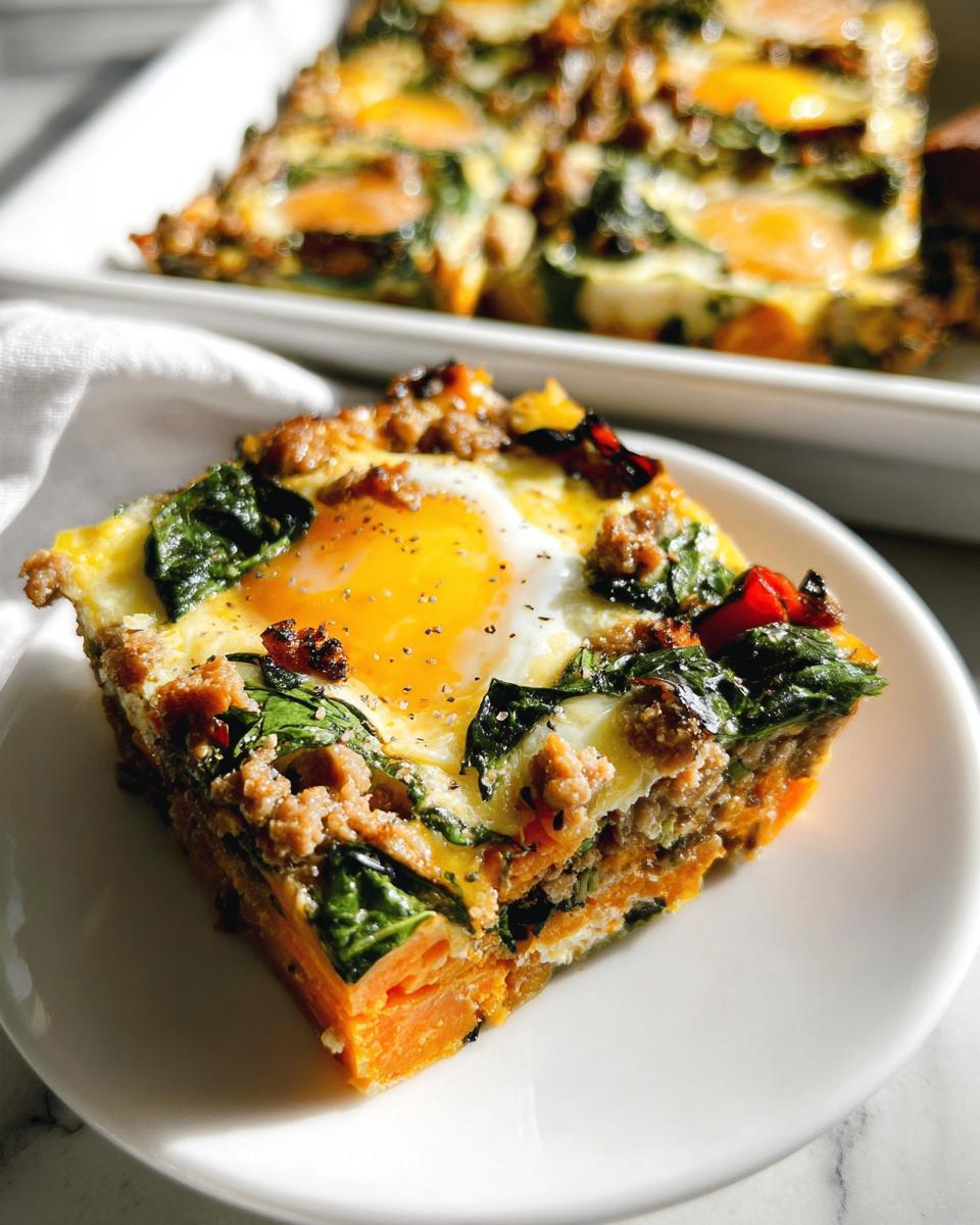 A slice of sweet potato egg bake with sausage and spinach, perfect for Breakfast Ideas Recipes Meal Prep.