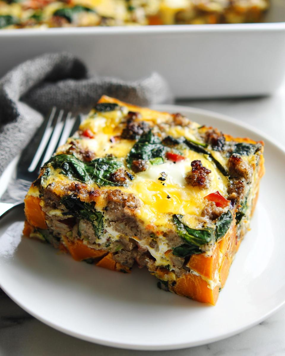 Slice of sweet potato egg bake with sausage and spinach, perfect for Breakfast Ideas Recipes Meal Prep.