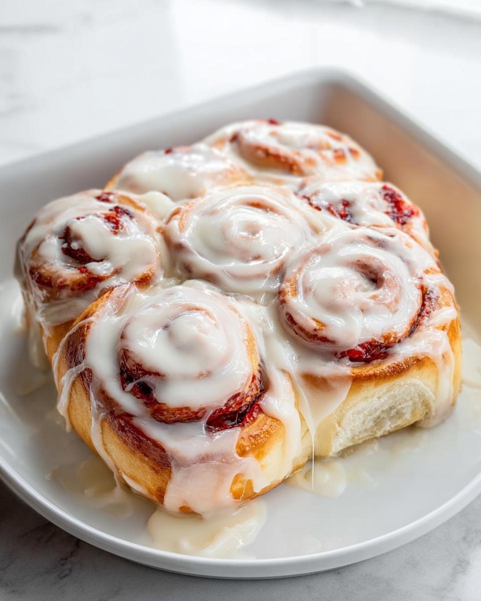 Close-up of freshly baked sweet rolls covered in thick white icing, perfect for breakfast ideas recipes.