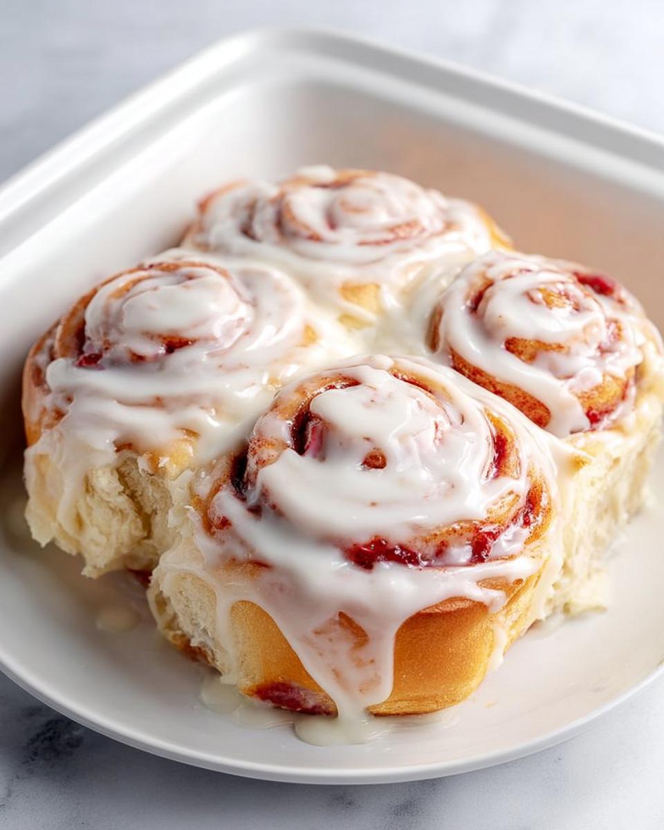 Four freshly baked sweet rolls covered in thick white icing, perfect for breakfast ideas recipes.