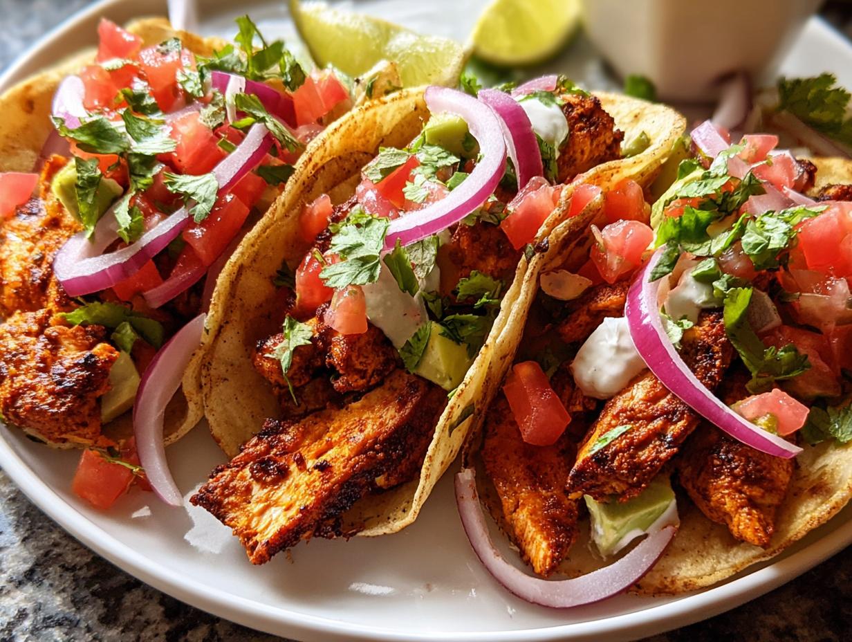 Close-up of three seasoned chicken tacos topped with salsa, red onion, and crema, perfect for Taco Tuesday Recipes Meal Prep.