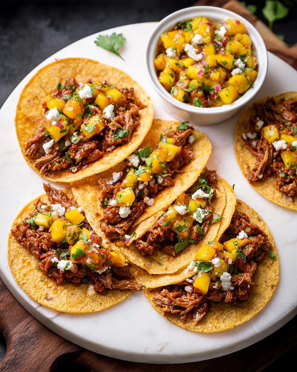 Close-up of delicious tacos filled with shredded meat, topped with mango salsa and cotija cheese, perfect for 12-Ingredient Taco Tuesday Recipes.