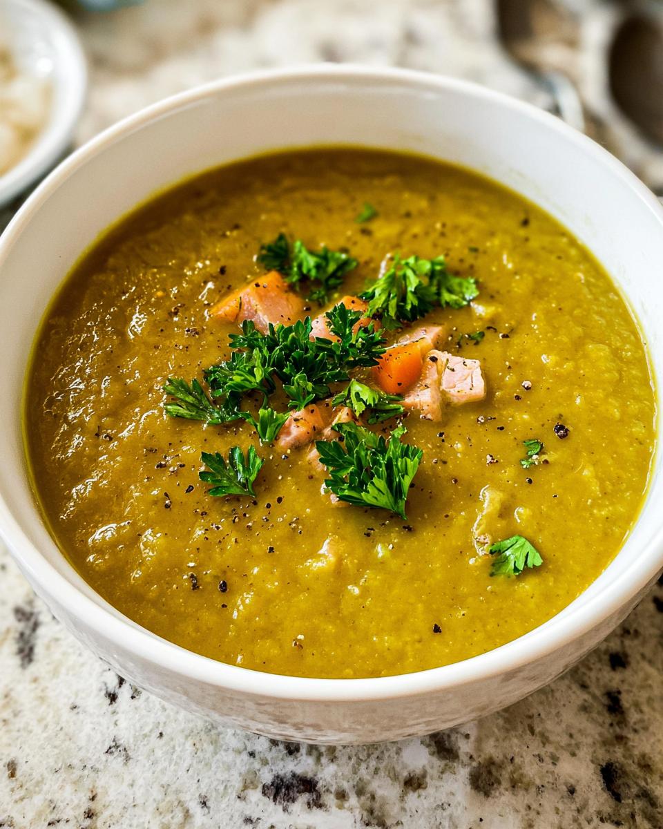 Close-up of a thick, green soup, likely split pea, topped with ham pieces, fresh parsley, and cracked black pepper.