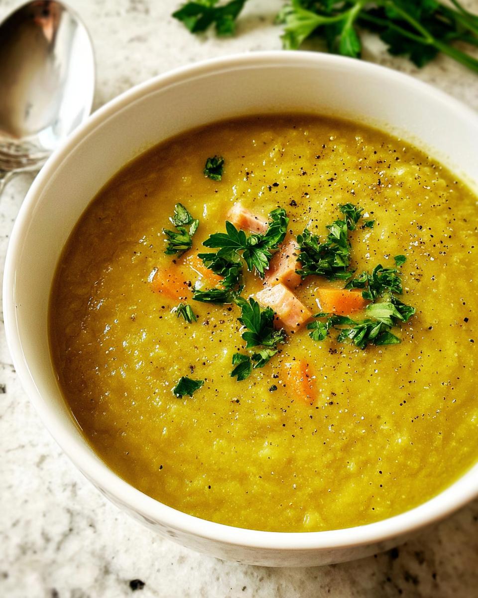 Close-up of thick, yellow split pea soup topped with ham, carrots, parsley, and black pepper, illustrating how to make soup recipes like a pro.