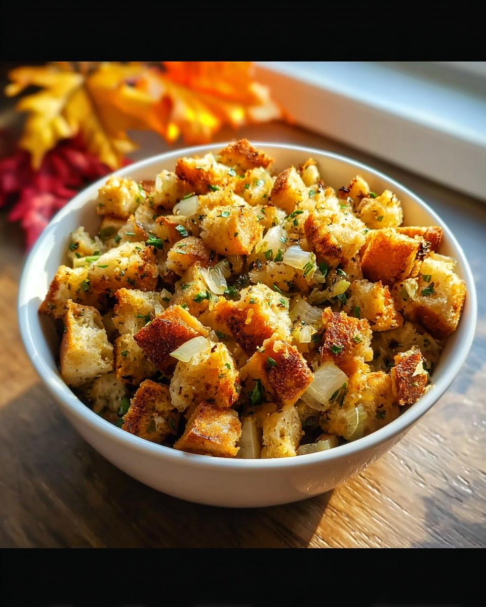 A white bowl filled with toasted bread cubes, onions, and herbs, perfect for stuffing recipes.