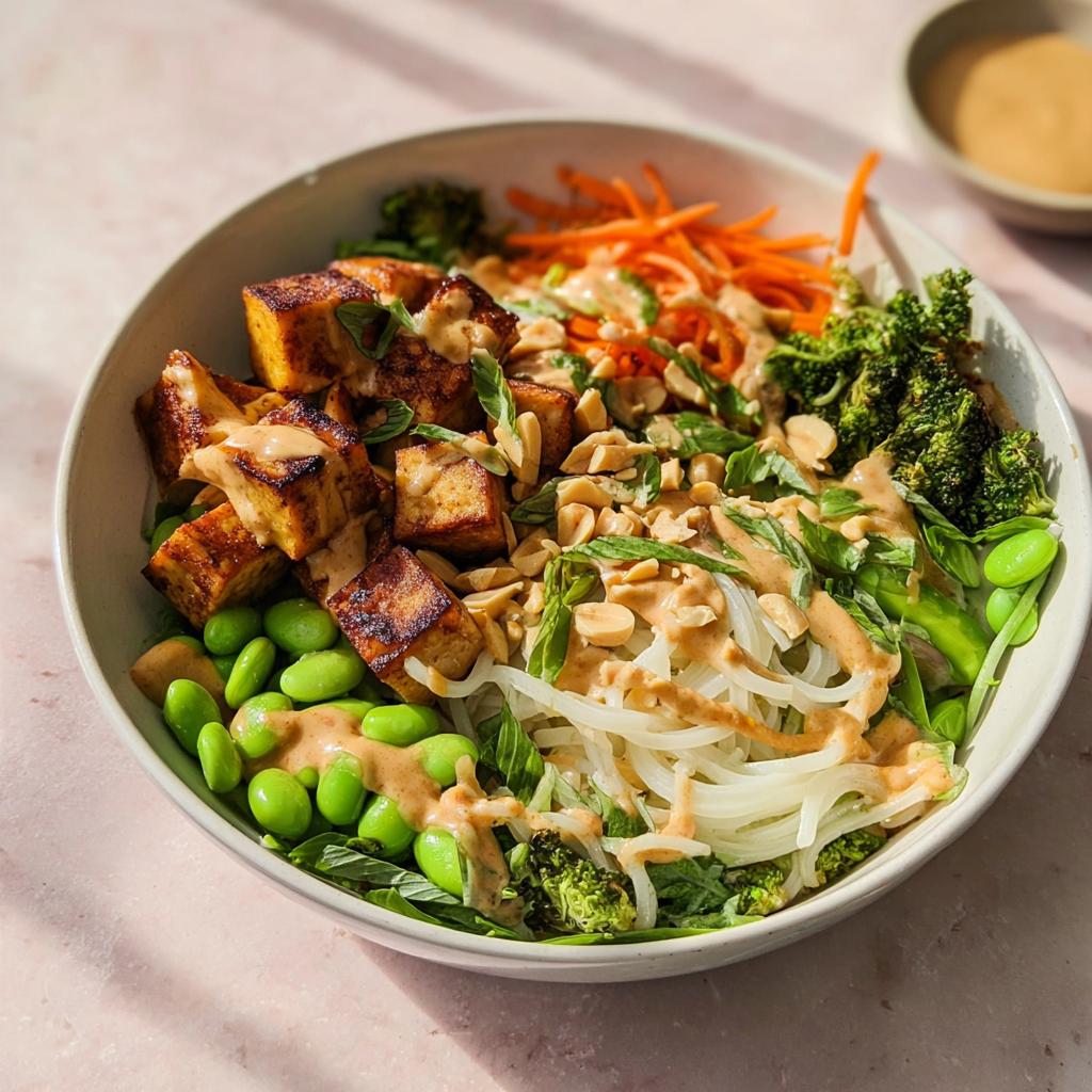 A vibrant bowl featuring tofu, rice noodles, edamame, carrots, and peanut sauce, perfect for 20-Ingredient Rice Bowls Recipes.