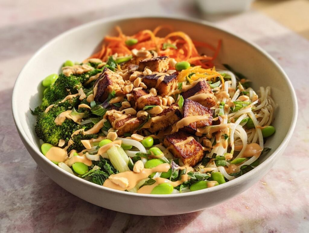 A vibrant bowl featuring tofu, broccoli, edamame, and noodles, drizzled with peanut sauce, part of the 20-Ingredient Rice Bowls Recipes.