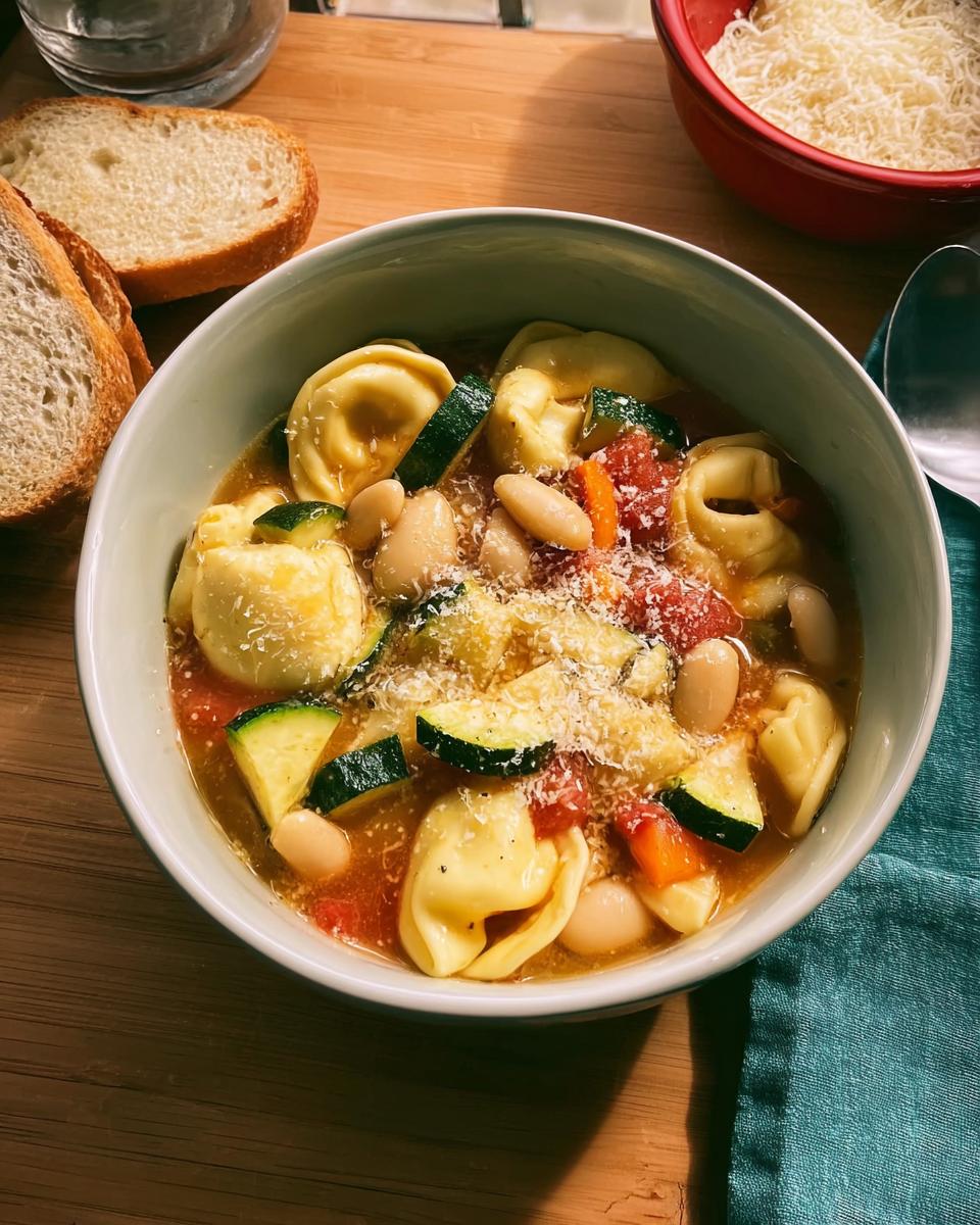 A bowl of hearty tortellini soup with zucchini, white beans, and tomatoes, topped with Parmesan cheese.