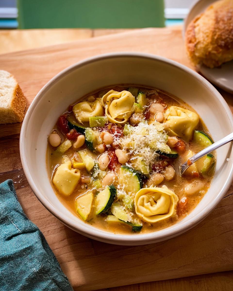 A bowl of hearty tortellini soup with zucchini, white beans, and Parmesan, perfect for 15 Genius Soup Recipes Ideas for Busy Weeknights.