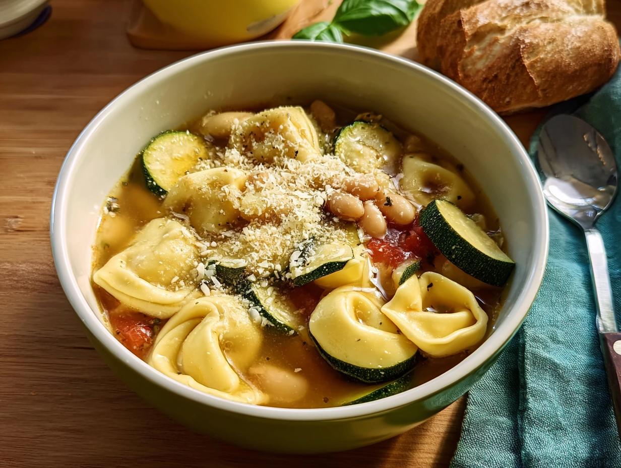 A bowl of hearty tortellini soup with zucchini, white beans, and Parmesan cheese, perfect for busy weeknights.