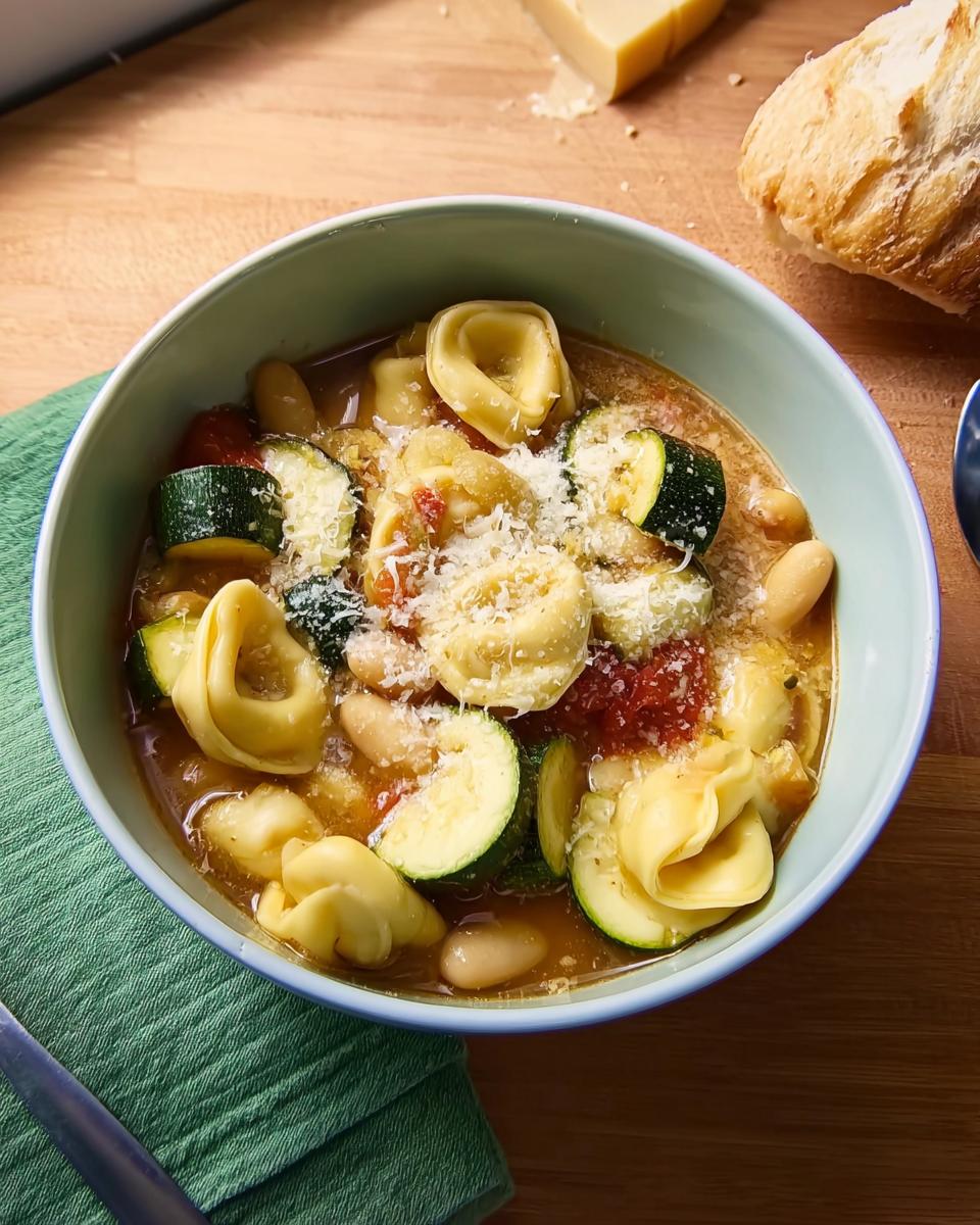 A bowl of hearty tortellini soup with zucchini, white beans, and grated parmesan cheese, perfect for busy weeknights.