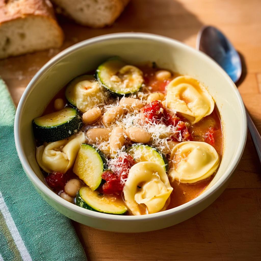 A bowl of hearty tortellini soup with zucchini, white beans, and grated parmesan, perfect for busy weeknights.
