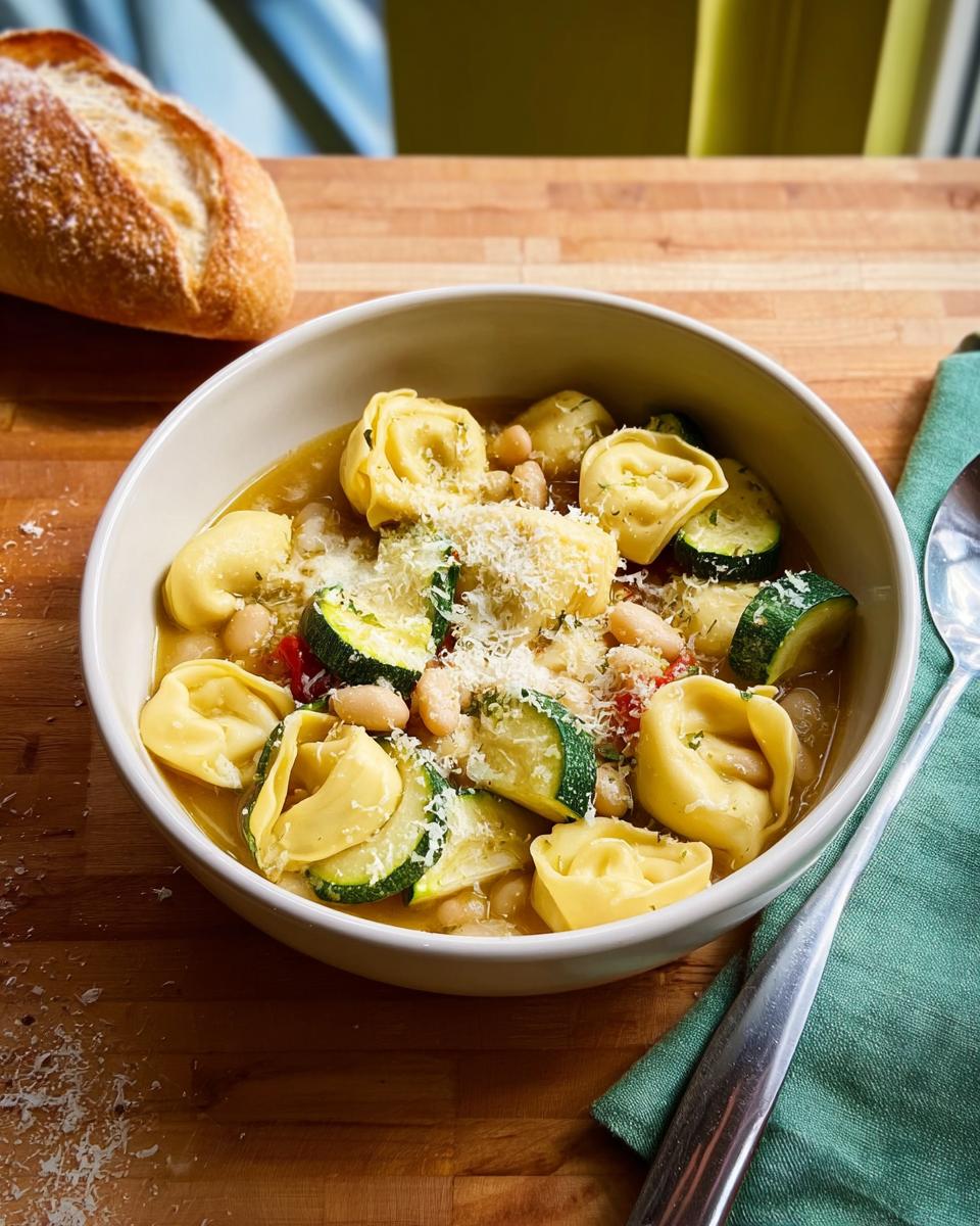 A bowl of tortellini and zucchini soup with white beans, topped with Parmesan cheese, ready for one of the 15 Genius Soup Recipes Ideas for Busy Weeknights.