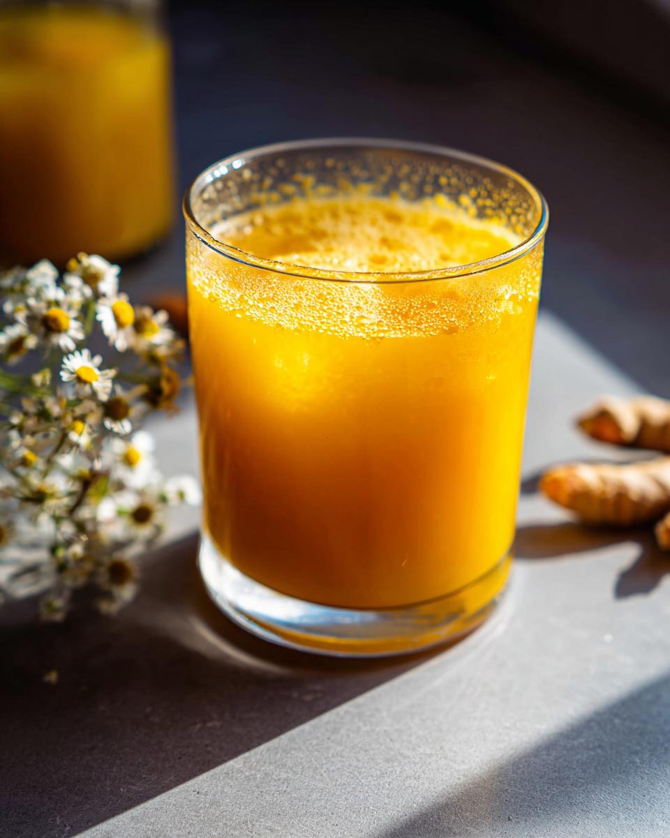 Glass of vibrant orange turmeric juice, a healthy drink complementing Restaurant-Style Healthy Meals Recipes at Home.