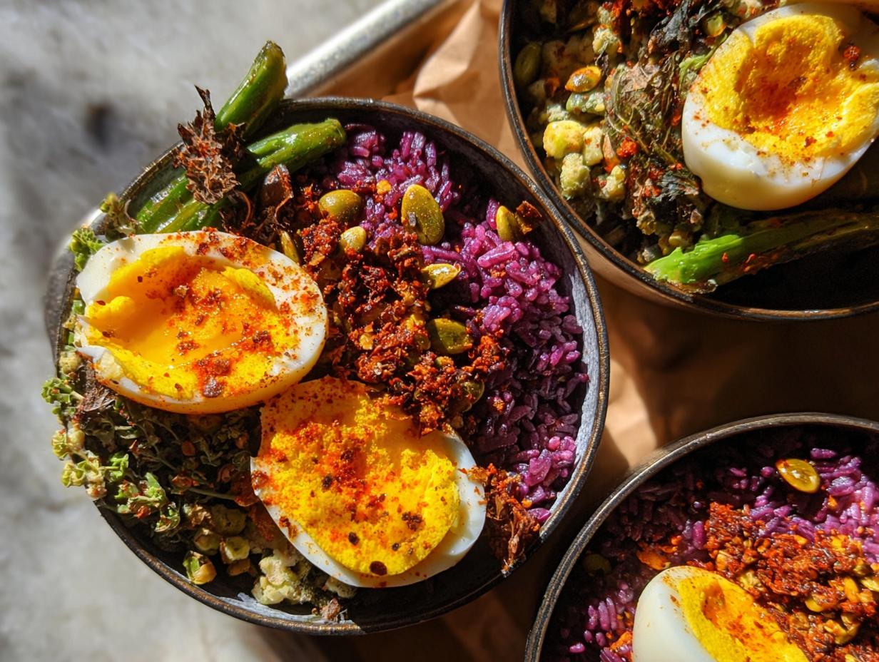 Close-up of a bowl featuring purple rice, green vegetables, and soft-boiled eggs, part of The Ultimate Egg Recipes Guide for Beginners.