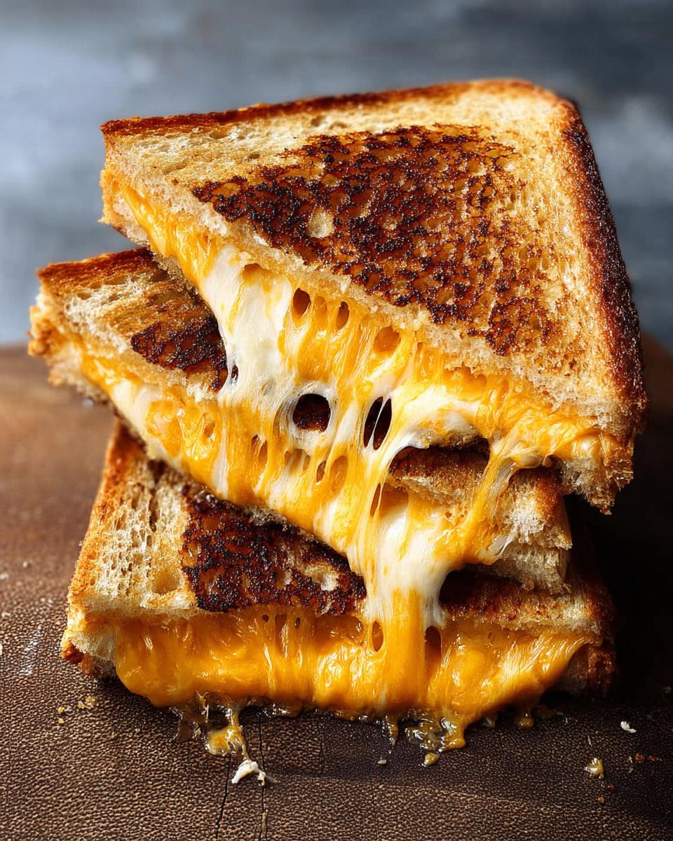 Two halves of a perfectly grilled cheese recipe stacked, showing extreme cheese pull and melted cheddar.