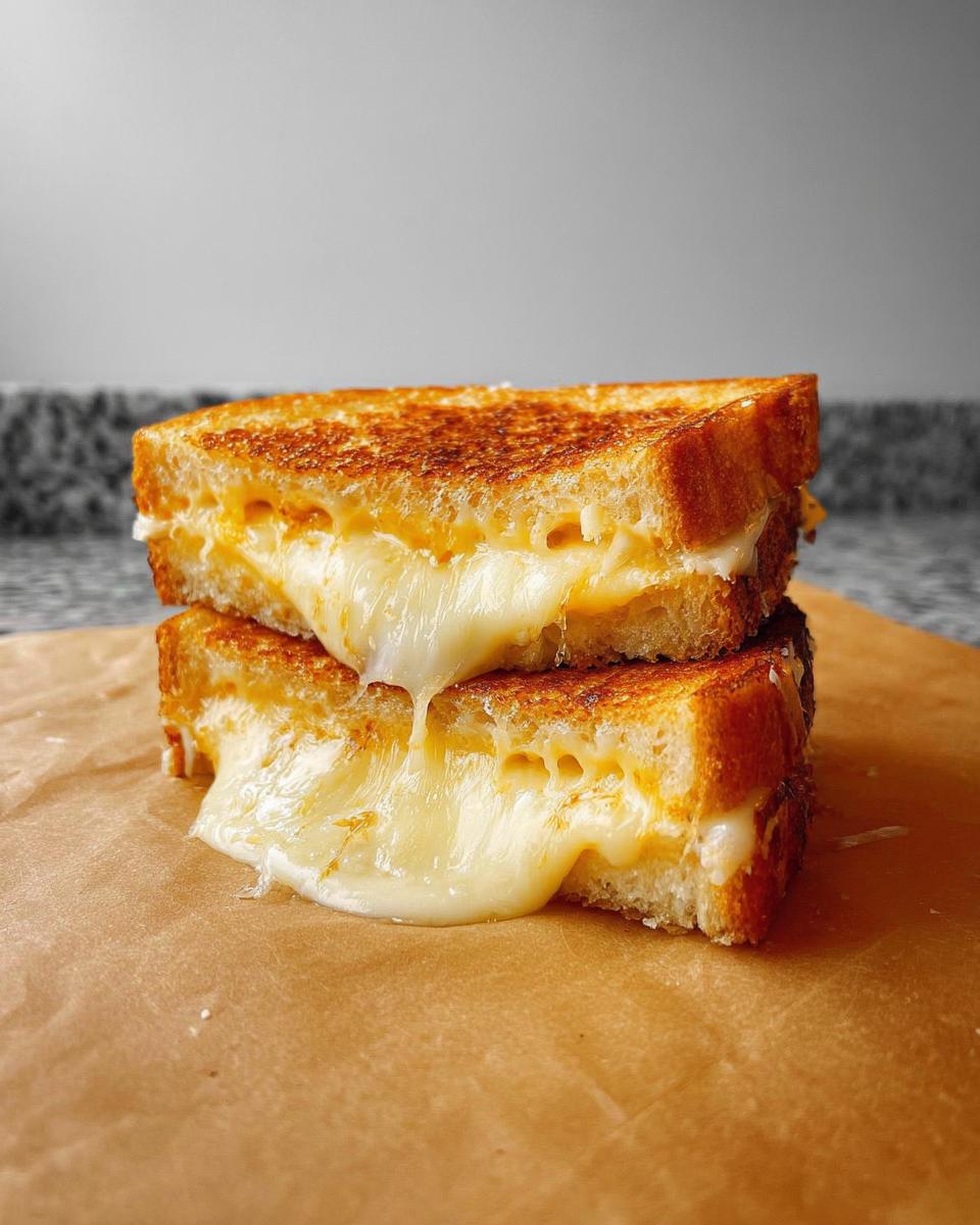 Two halves of a perfectly golden grilled cheese sandwich stacked, showing gooey, melted cheese oozing out.