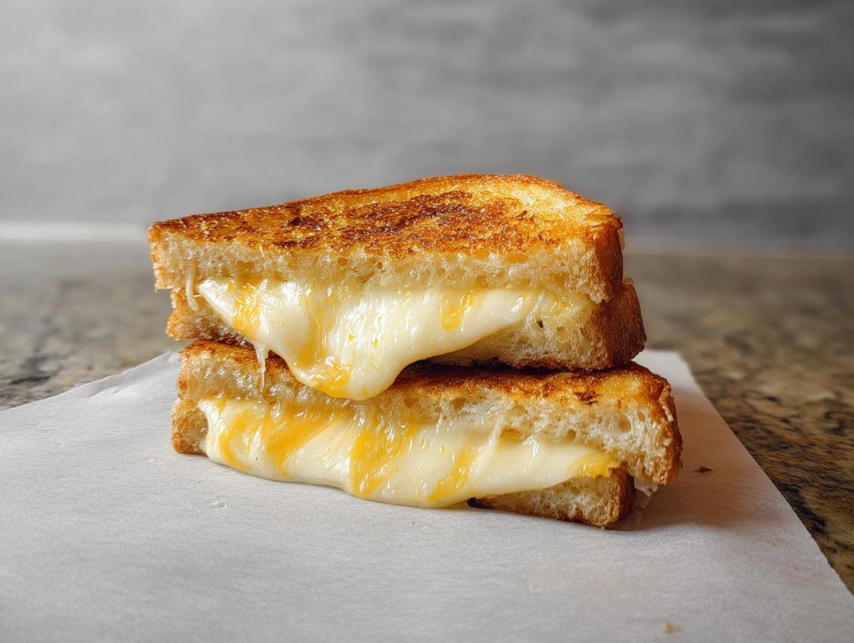 Two halves of a perfectly golden brown grilled cheese sandwich stacked, showing gooey, melted cheese oozing out.