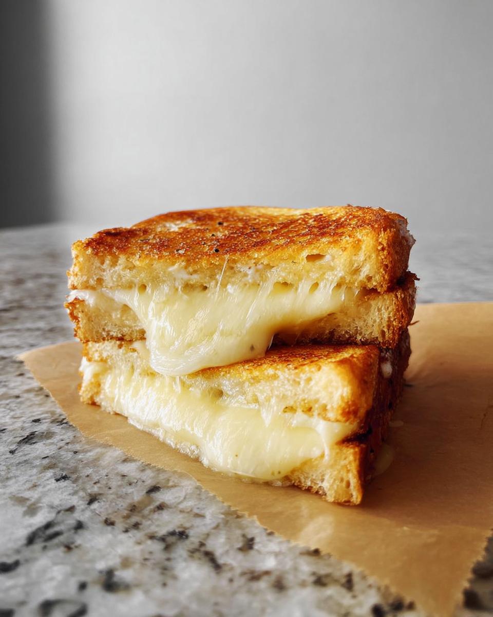 A perfectly golden brown grilled cheese sandwich cut in half, showing gooey, melted cheese stretching between the slices.