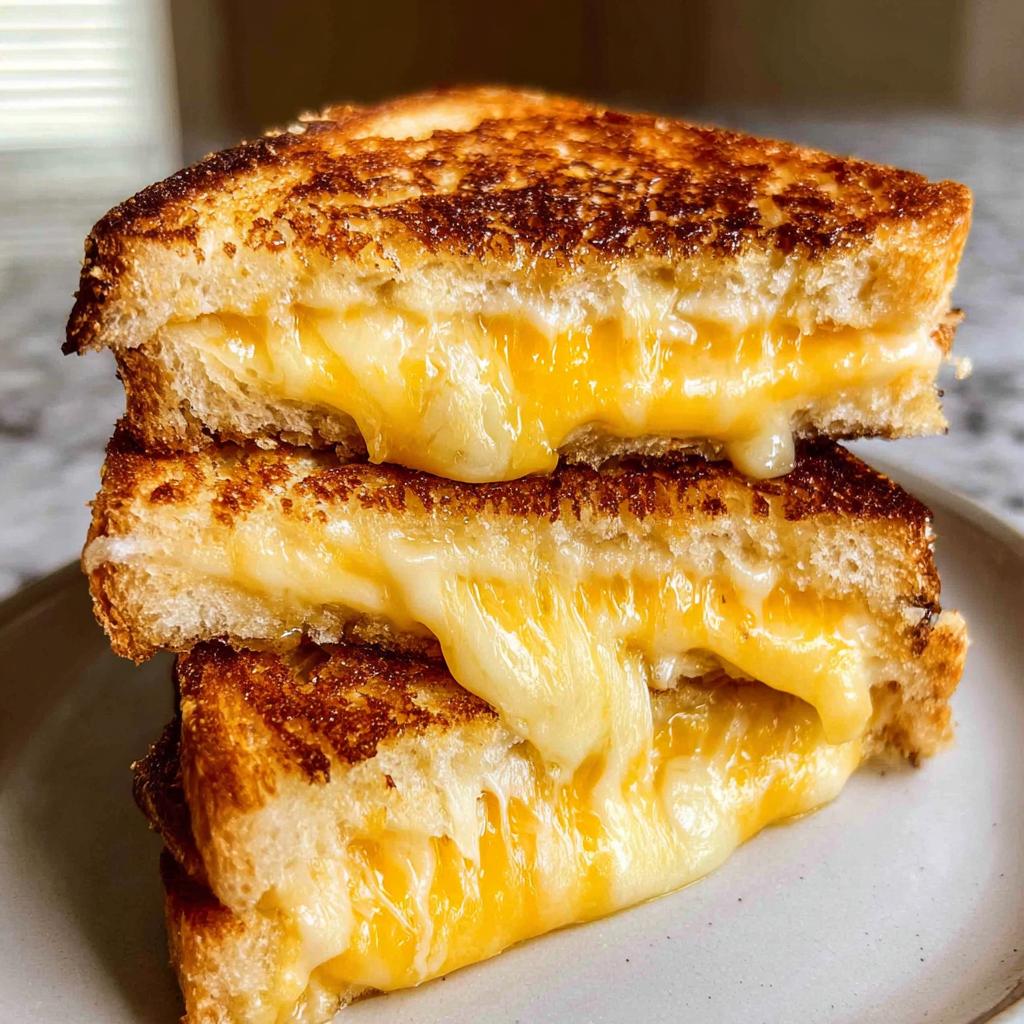 Close-up of a perfectly golden-brown grilled cheese recipe stacked, showing extreme cheese pull and melted cheddar.