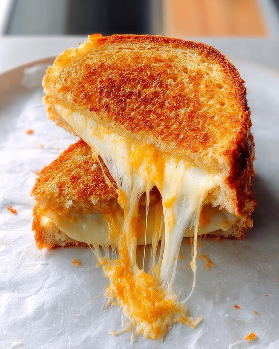 A perfectly golden grilled cheese sandwich cut in half, showing a dramatic, gooey cheese pull.