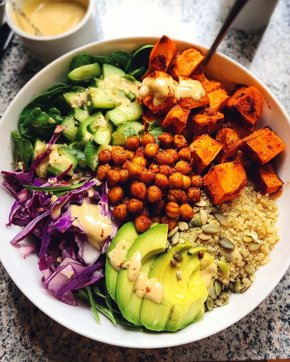 Close-up of a vibrant vegan rice bowls recipes bowl featuring quinoa, roasted sweet potatoes, chickpeas, avocado, and cabbage.