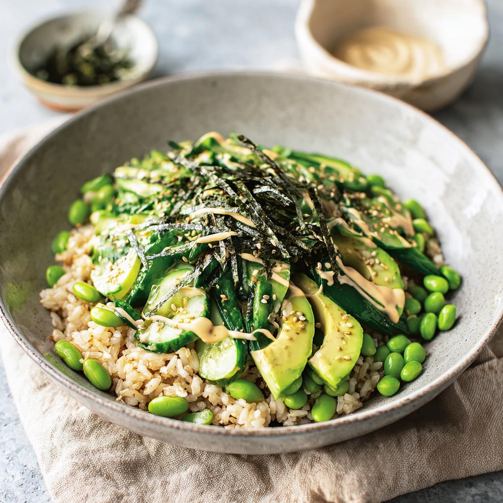A vibrant vegetarian rice bowls recipe featuring brown rice topped with sliced avocado, cucumber, edamame, seaweed, and a drizzle of sauce.