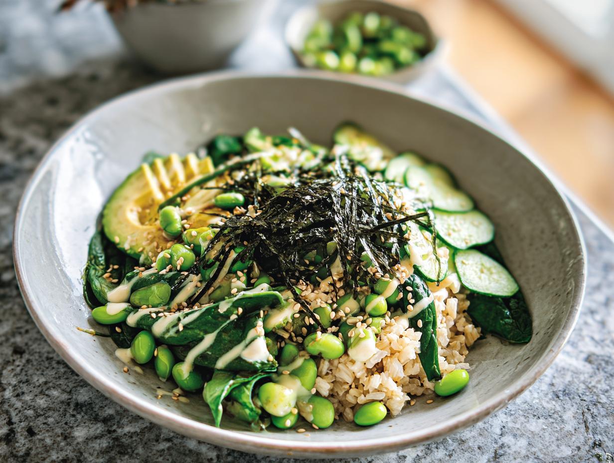 A vibrant vegetarian rice bowls recipe featuring brown rice, avocado, edamame, cucumber, and nori strips.