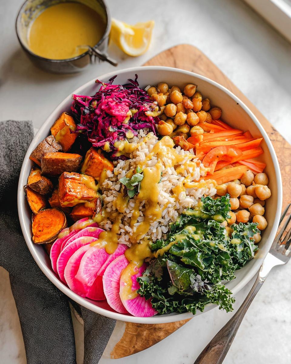 A colorful, healthy bowl featuring brown rice, roasted sweet potatoes, chickpeas, kale, and bright pink radishes, drizzled with yellow dressing, illustrating How to Make Rice Bowls Recipes.