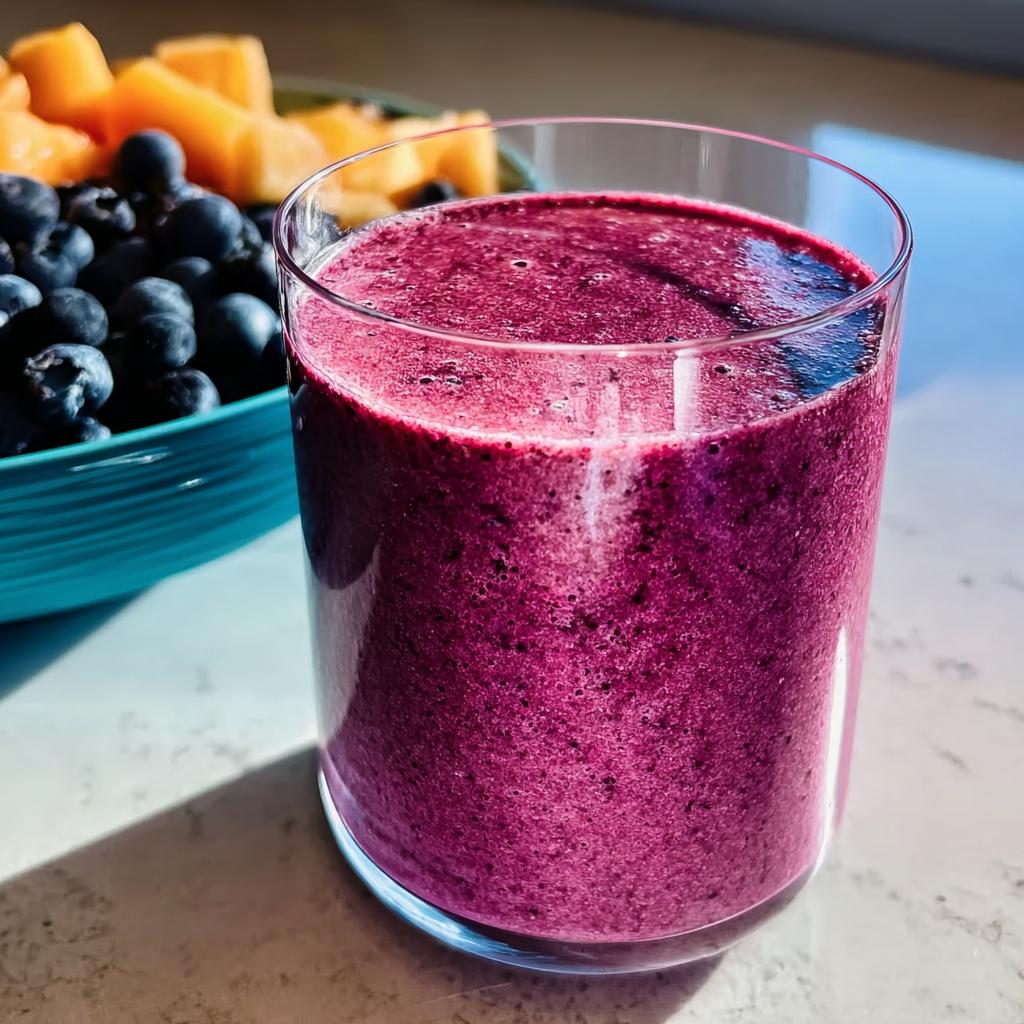 Close-up of a vibrant purple berry smoothie, with fresh blueberries and cantaloupe in the background, perfect for breakfast ideas recipes.