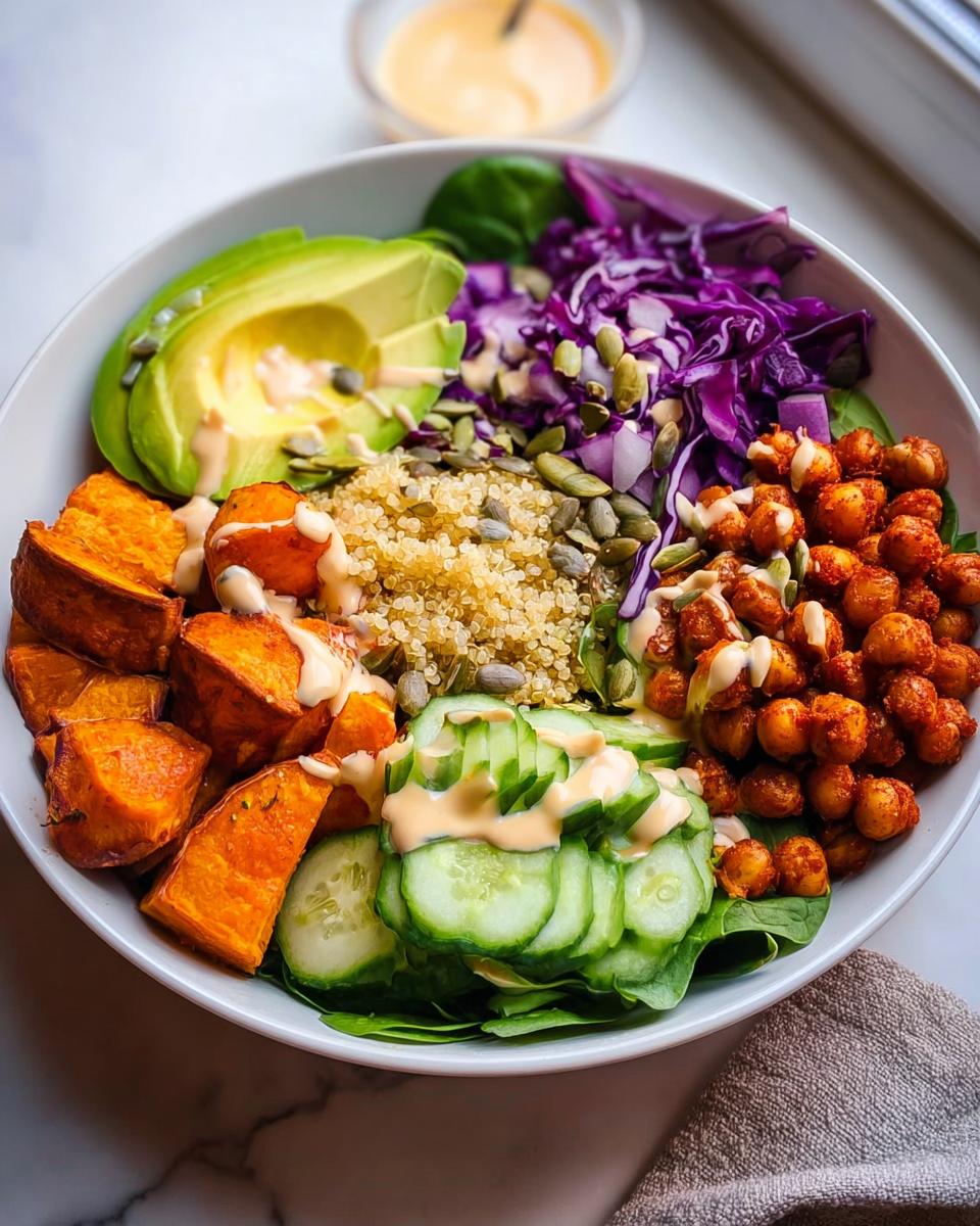 A colorful vegan rice bowl alternative featuring quinoa, roasted sweet potatoes, avocado, and spicy chickpeas in a 'What I Cook When I Crave Rice Bowls Recipes'.