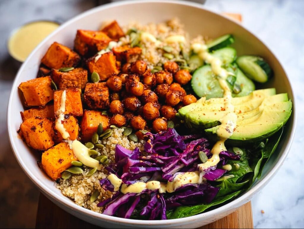 A colorful, healthy bowl featuring roasted sweet potatoes, spiced chickpeas, quinoa, avocado, and red cabbage, part of What I Cook When I Crave Rice Bowls Recipes.