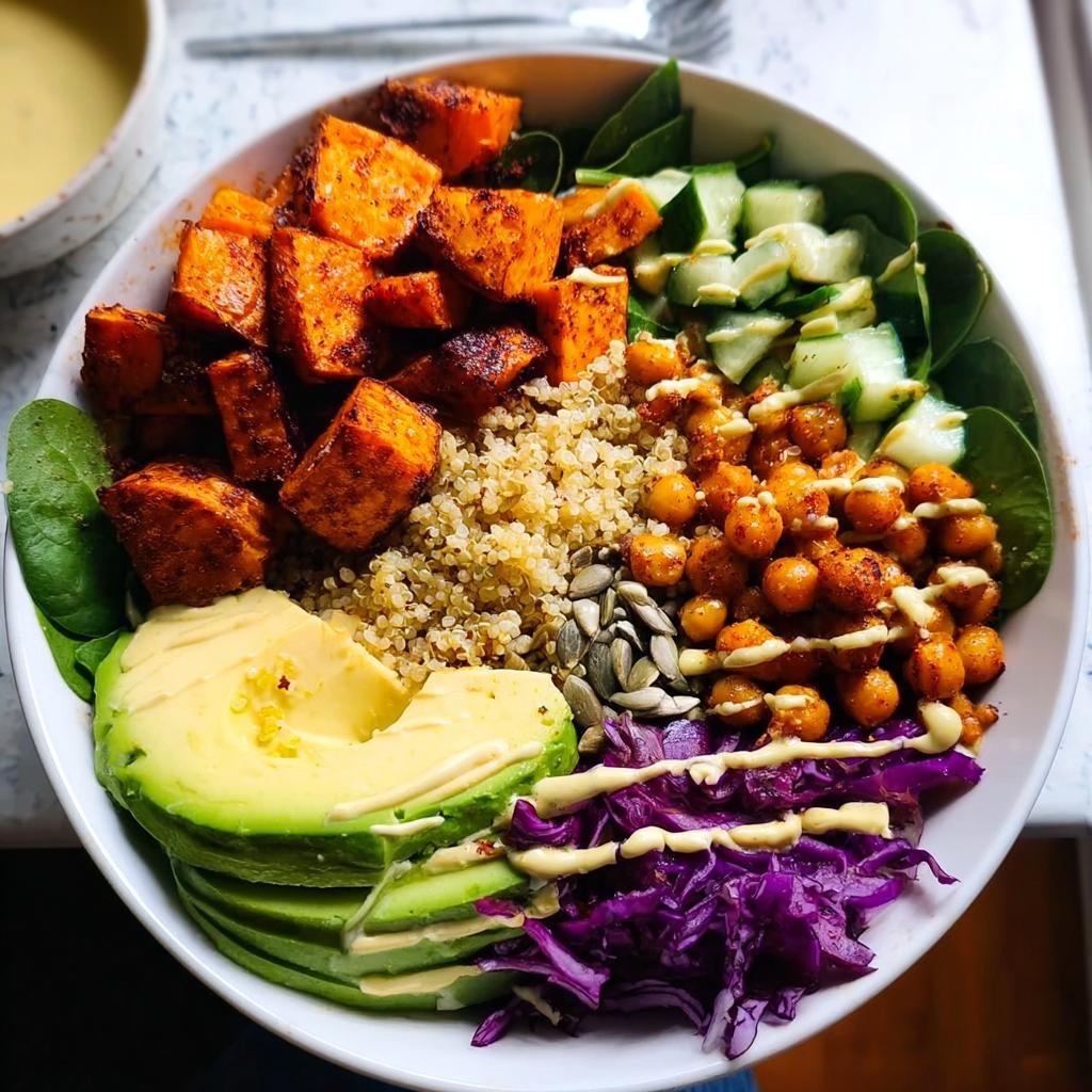 A colorful and healthy bowl featuring quinoa, roasted sweet potatoes, avocado, chickpeas, and red cabbage, perfect for Rice Bowls Recipes.