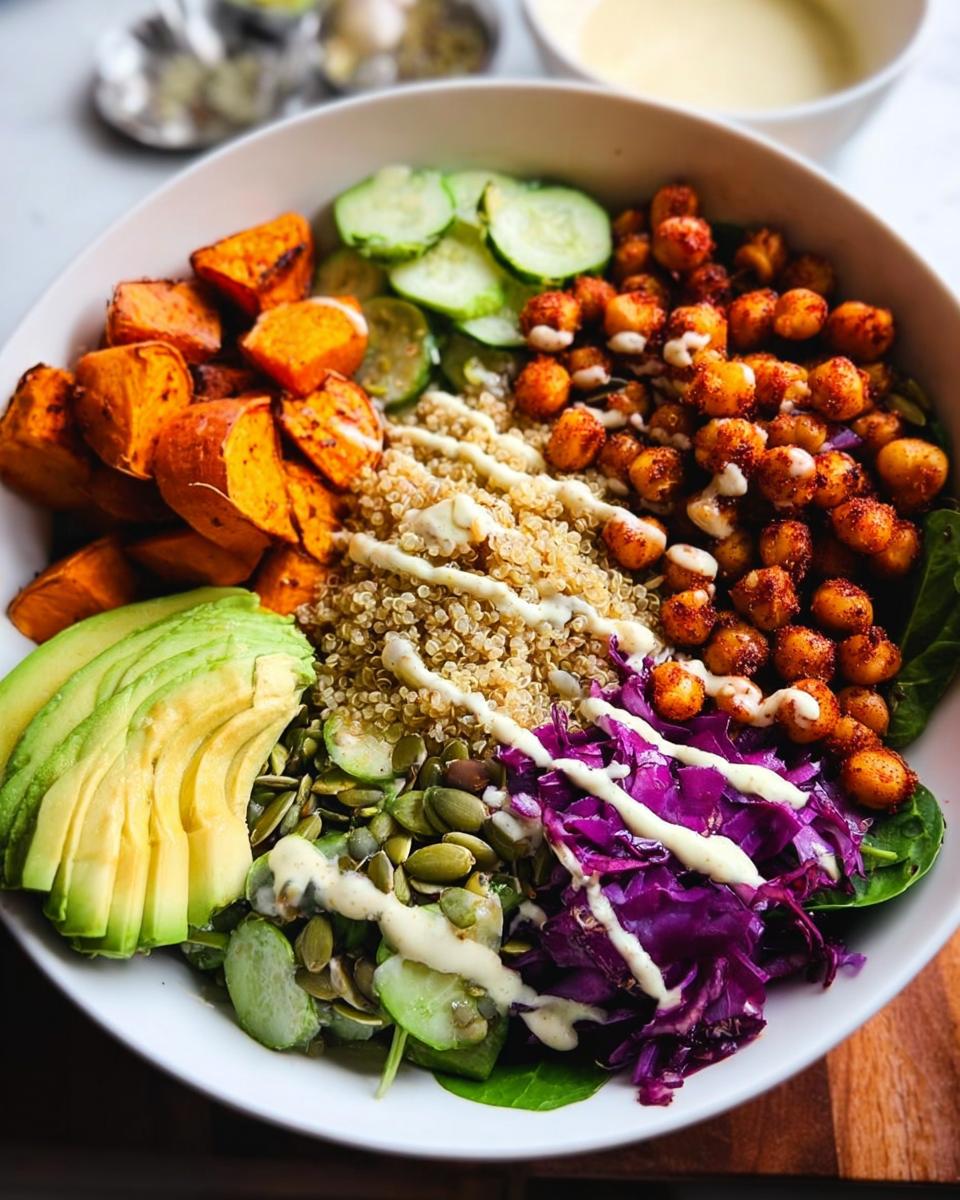 A colorful bowl featuring quinoa, roasted sweet potatoes, spiced chickpeas, avocado, and purple cabbage, perfect for Rice Bowls Recipes.