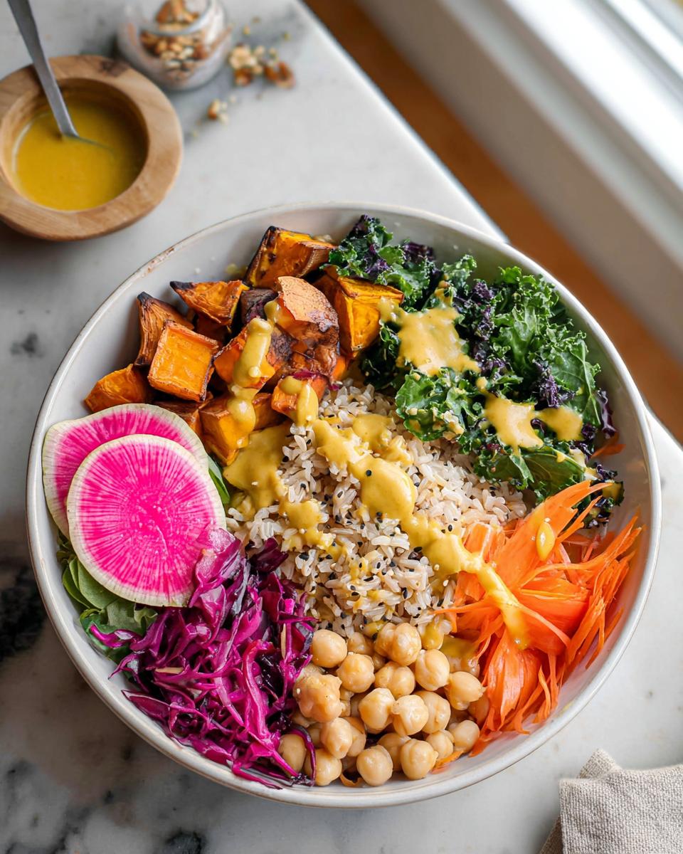 A colorful, fully loaded rice bowl featuring roasted sweet potatoes, chickpeas, kale, and bright vegetables, drizzled with yellow sauce.
