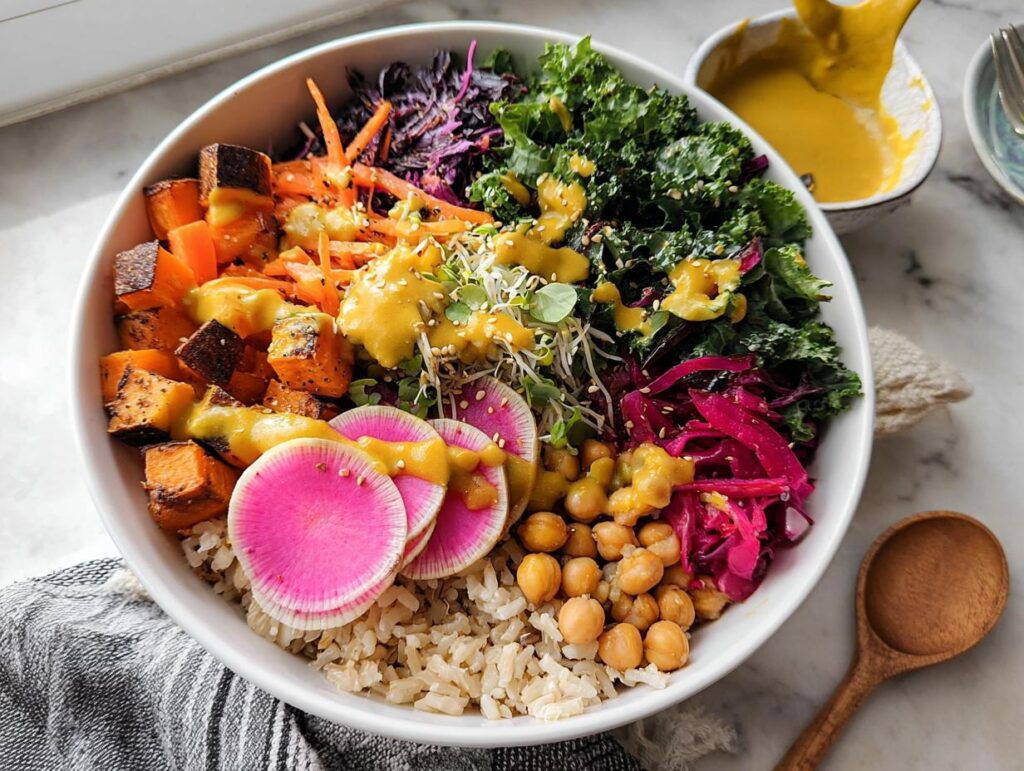 Overhead view of a colorful, healthy rice bowls recipe featuring brown rice, roasted sweet potatoes, kale, and bright pink radishes.