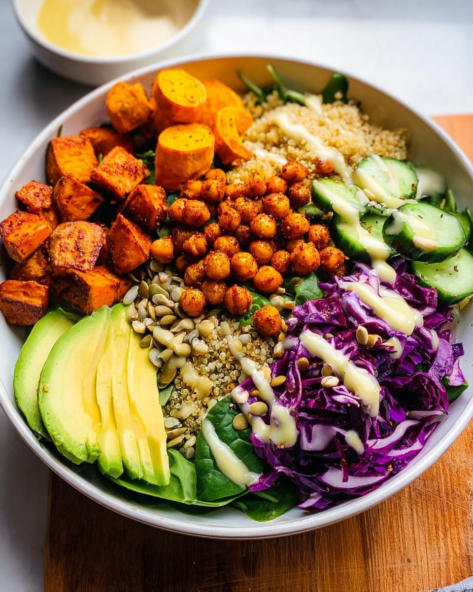 A colorful bowl featuring roasted sweet potatoes, crispy chickpeas, quinoa, avocado, and red cabbage, perfect for rice bowls recipes.
