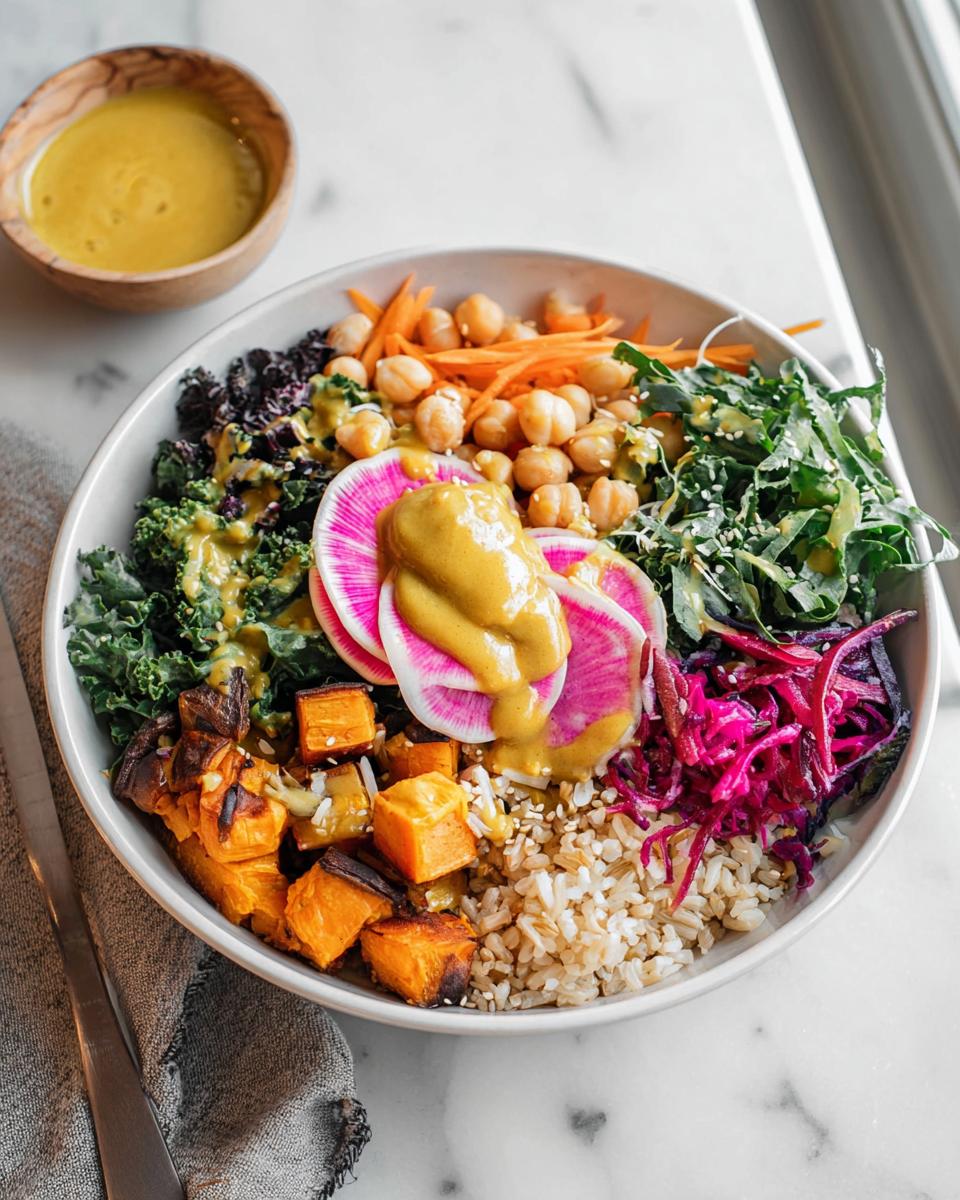 A colorful, healthy vegan bowl featuring brown rice, roasted sweet potatoes, chickpeas, kale, and bright pink watermelon radish, drizzled with yellow sauce. Essential for How to Make Rice Bowls Recipes Like a Pro.