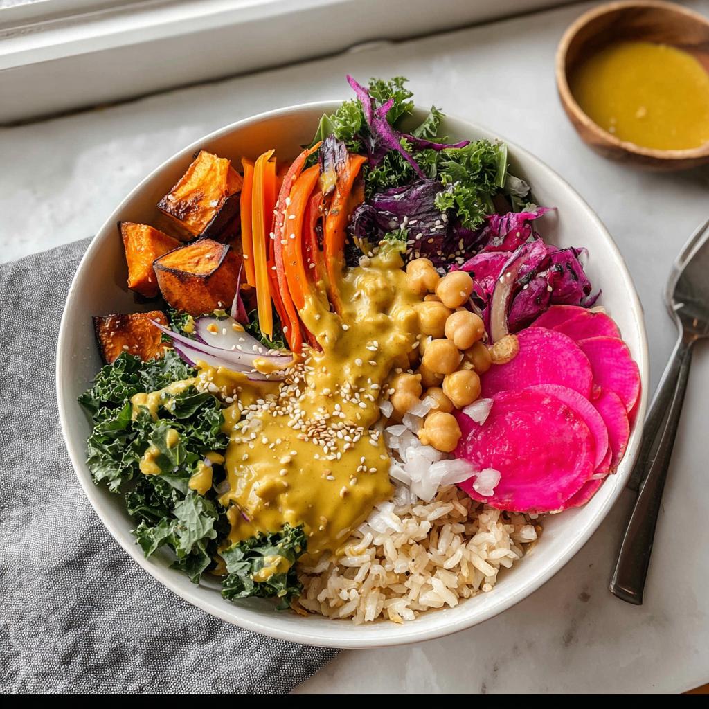 A colorful, fully loaded vegan rice bowls recipe featuring brown rice, roasted sweet potatoes, chickpeas, and bright yellow sauce.