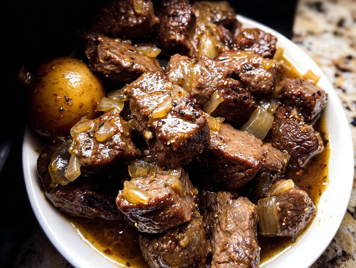 High Protein Slow Cooker Garlic Butter Beef Bites - Featured